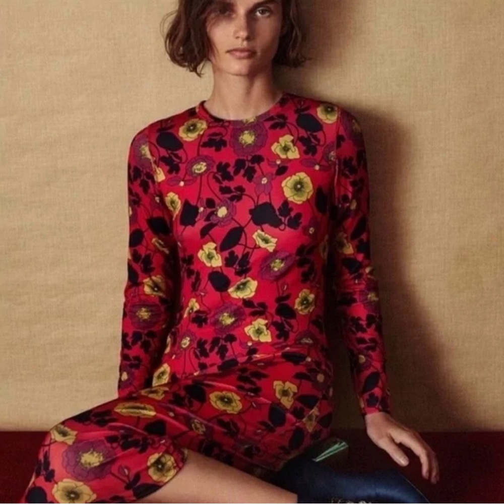 Zara Red Floral Bodycon Stretch Midi Dress Size S